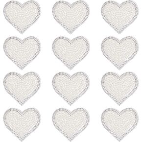 12 Pcs Rhinestone Heart Pearl Iron Patches Love Heart Patches Rhinestone Patches Bling White Artificial Diamond Badge Patch for Jeans Jacket Bags Backpack Pearl Bride Patch Iron/Sew on