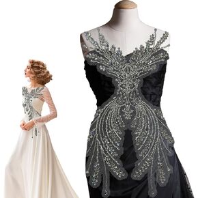 Handmade Embroidered Lace Applique Sequin Beading Decoration Trim Lace,Sequins Crystal Beaded Bodice Accessory for Wedding Dresses DIY Clothing,Wedding Headwear,Wedding Stickers Flowers(Black)