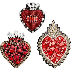 INFUNLY 3pcs Heart Rhinestone Bead Patch Red Crystal Sew On Patches DIY Decorative Patches Handmade Bling Applique for Dress Clothing Jeans Jackets Handbag
