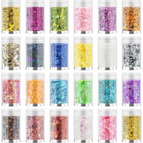 Holographic Chunky and Fine Glitter Mix, 24 Colors Festival Sequins & Glitter Powder, Iridescent Glitter Flakes, Cosmetic Face Body Eye Hair Nail Art Resin Tumbler Loose Glitter