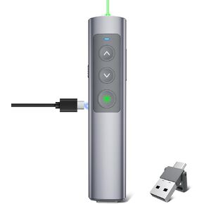 Presentation Clicker Wireless Presenter Remote: Rechargeable Remote Control with Green Laser (<5mW 3a) for Powerpoint, Metal Slide Advancer for Computer/Mac,Google Slideshow Clicker for Classroom