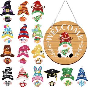 Qunclay Christmas Magnetic Gnome Diamond Art for Adult Xmas Interchangeable Gnome Seasonal Welcome Sign DIY Hanging Front Door Home Decor with Magnet Detachable Hat and Hand(Light Wood Color)