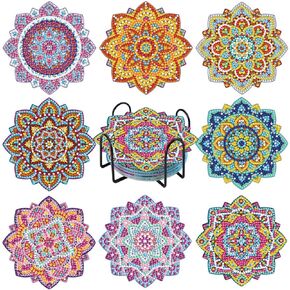 PERFECTSIGHT 8 Pcs DIY Diamond Art Painting Coasters with Holder, Cute Diamond Paint Coaster Kits for Adults, Kawaii Full Drill Diamond Art Craft Supplies, Paint by Number Non Slip Coaster, Sanlio