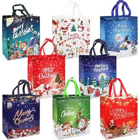 PARSUP 8PCS Christmas Gift Bags, Tote Bags with Handles, Treat Bags, Multifunctional Non-Woven Bags for Gifts Wrapping Shopping, Xmas Party Supplies, 12.8"×9.8"×6.7"