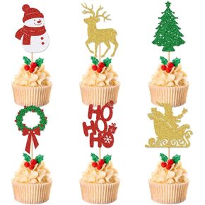 24pcs Christmas Cupcake Toppers Christmas Cupcake Decorations Snowman Christmas Tree Santa Claus Glitter Cupcake Decorations Christmas Decorations Christmas Eve Xmas Cupcake Picks (Style-3)