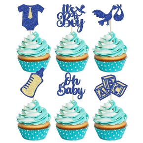 Gyufise 24Pcs Baby Shower Oh Baby Cupcake Toppers It's a Boy Cupcake Picks Glitter Tie Onesie Baby Bottle Cake Picks Decorations for Gender Reveal Baby Shower Boys Birthday Party Supplies Blue