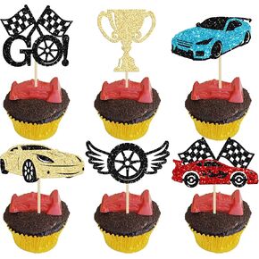 Gyufise 1Pc Race Car Happy Birthday Cake Topper Glitter Race Car Cake Decorations for Racing Car Checkered Flag Glitter Race Car Cake Topper Birthday Theme Party Supplies Black