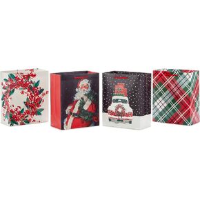 Hallmark 9" Medium Christmas Gift Bag Bundle (4 Bags: Traditional Santa, Holly Wreath, Snowy Red Car, Red and Green Plaid) for Friends, Coworkers, Teachers, Neighbors