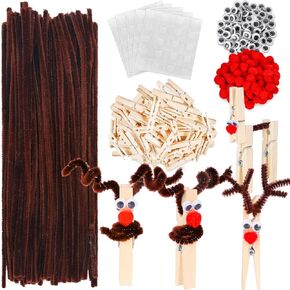 JarThenaAMCS Christmas Reindeer DIY Craft Set Includes 50Pcs Wood Clips 50Pcs Red Pompoms 100Pcs Pipe Cleaners Chenille 100Pcs Wiggle Eyes Stickers for Xmas Party Supplies