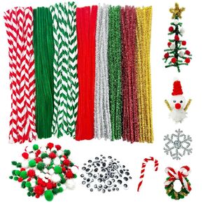 540 Pcs Christmas Pipe Cleaners Crafts Set Including 240 Pcs Pipe Cleaners for Crafts, 200 Pcs Pom Poms, 100 Pcs Self Adhesive Wiggle Googly Eyes for DIY Art and Craft Supplies