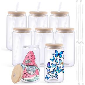 HTVRONT 8 PCS Sublimation Glass Cups Frosted -16oz Sublimation Glass Tumbler with Bamboo Lid - Sublimation Blanks for Painting, Sublimation and HTV Vinyl Crafts