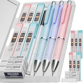 Nicpro 3PCS Pastel Mechanical Pencil Set with Case, 0.7 mm Pencils with 6 Tube HB Lead Refill, 3PCS Eraser, 9PCS Eraser Refill for School Supplies Student Writing, Drafting Drawing Sketching