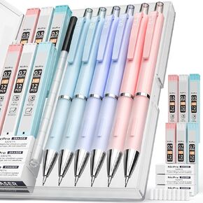 Nicpro 3PCS Pastel Mechanical Pencil Set with Case, 0.7 mm Pencils with 6 Tube HB Lead Refill, 3PCS Eraser, 9PCS Eraser Refill for School Supplies Student Writing, Drafting Drawing Sketching