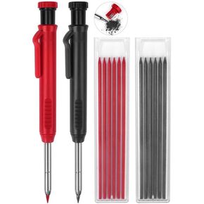 2 Pack Carpenter Pencils Mechanical Pencils with 12 Refills, Construction Pencils with Built-in Sharpener, Long Nib Deep Hole Pencil Marker, Heavy Duty Woodworking Pencils for Architect (2 Colors)
