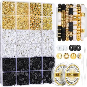 LEOBRO Clay Beads Bracelet Making Kit, 3524pcs White Black Clay Beads for Bracelets, Bead Bracelet Kits, Clay Bead & Gold Beads for Friendship Bracelet Kit, Adult Bracelets Jewelry Beads Kits