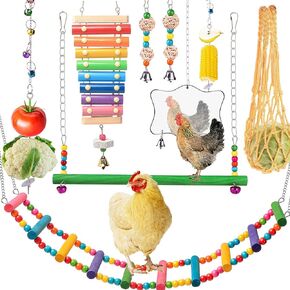 Chicken Toys for Coop 9PCS- Chicken Xylophone, Chicken Swing, Chicken Mirror, Chicken Flexible Ladder, Chicken Vegetable String Bag and Hanging Feeder