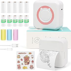 Mini Sticker Printer, Wireless Portable Printer with 10 Rolls Thermal Paper, Bluetooth Inkless Sticker Printer Compatible with 13 Rope Paper for Journal, Memo, Photo, DIY, Work, Gifts (Blue)