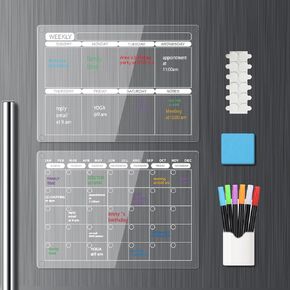 16"x12" Acrylic Dry Erase Calendar Whiteboard Set – Monthly & Weekly Planners, Magnetic Pen Holder, Eraser, 6 Markers & 12 Non-Slip Pads for Fridge & Smooth Surfaces