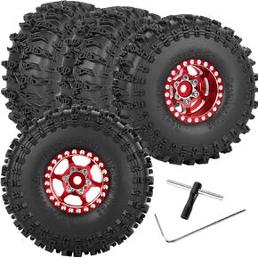 RC 1.0in Beadlock RC Truck Tires Wheels Tires for 1/18 1/24 Trx4m SCX24 RC Crawler.Aluminum 1.0in Beadlock Wheel Rim&1.0in Tires Tyres.Red(4PCS)