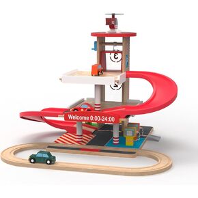 Toy Car Garage with Rails, Wooden Parking Garage Toy Playset w/Elevator, Toddler Race Car Ramp Track Toy Set with 4 Mini Cars for Old Boys and Girls Kids Ages 3+ Birthday Gift Christmas