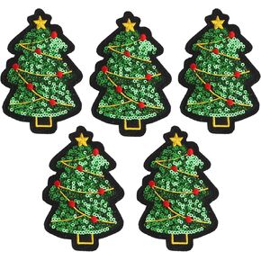 Christmas Iron on Patches Sequins Christmas Tree Embroidered Patches Glitter Sew on Appliques for Clothes Jeans Hats Jackets Sweater Decorations Supplies 5Pcs