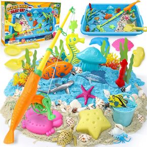 Ocean Sensory Bin - 2lbs Magic Sand & Magnetic Fishing Toys, 30PCS Play Sand Kits - 3 Fish, 6 Molds & 8 Ocean Animals - Sensory Toys for Toddlers Kids Birthday 3 4 5 6 7 8 Year Old