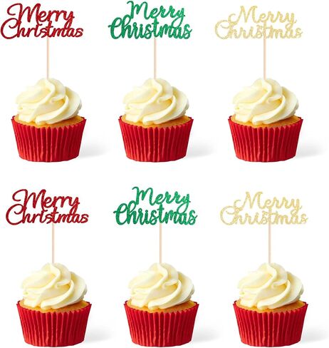 Gexolenu 36 PCS Merry Christmas Cupcake Toppers, Double-sided Glitter Mixcolor Christmas Cupcake Picks For Celebrating Christmas Theme New Year Xmas Holiday Party Cake Decorations Supplies in Kuwait