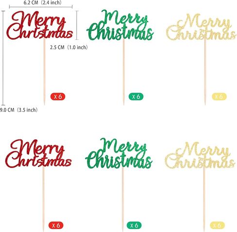 Gexolenu 36 PCS Merry Christmas Cupcake Toppers, Double-sided Glitter Mixcolor Christmas Cupcake Picks For Celebrating Christmas Theme New Year Xmas Holiday Party Cake Decorations Supplies in Kuwait