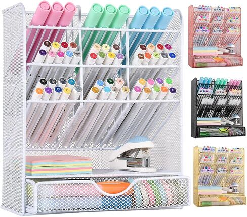 Spacrea Pen Holder Desk Organizer - Desk Organizers and Accessories, Pencil Holder with 10 Compartments and 1 Drawer（White） in Saudi Arabia