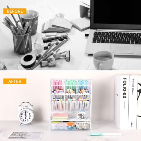 Spacrea Pen Holder Desk Organizer - Desk Organizers and Accessories, Pencil Holder with 10 Compartments and 1 Drawer（White） in Saudi Arabia