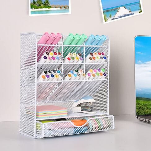 Spacrea Pen Holder Desk Organizer - Desk Organizers and Accessories, Pencil Holder with 10 Compartments and 1 Drawer（White） in Saudi Arabia