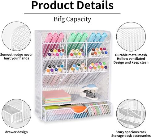 Spacrea Pen Holder Desk Organizer - Desk Organizers and Accessories, Pencil Holder with 10 Compartments and 1 Drawer（White） in Saudi Arabia