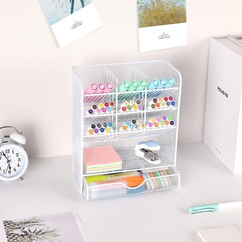 Spacrea Pen Holder Desk Organizer - Desk Organizers and Accessories, Pencil Holder with 10 Compartments and 1 Drawer（White） in Saudi Arabia