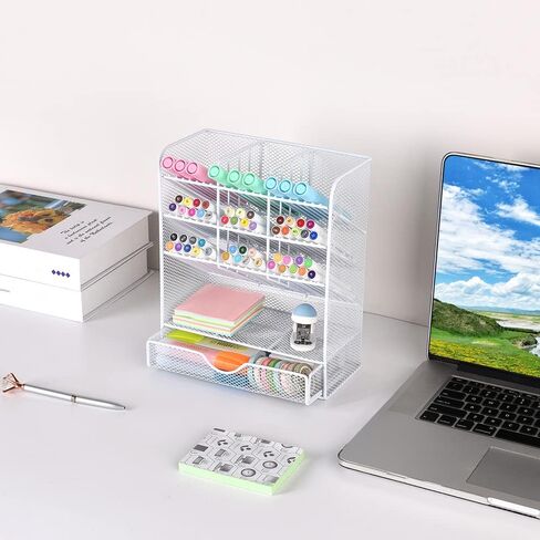 Spacrea Pen Holder Desk Organizer - Desk Organizers and Accessories, Pencil Holder with 10 Compartments and 1 Drawer（White） in Saudi Arabia