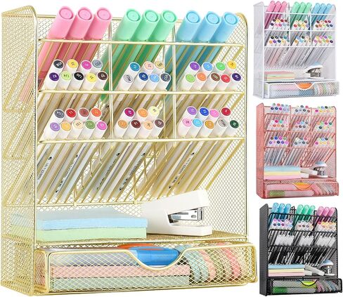 Spacrea Pen Holder Desk Organizer - Desk Organizers and Accessories, Pencil Holder with 10 Compartments and 1 Drawer（White） in Saudi Arabia