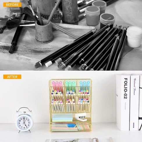 Spacrea Pen Holder Desk Organizer - Desk Organizers and Accessories, Pencil Holder with 10 Compartments and 1 Drawer（White） in Saudi Arabia
