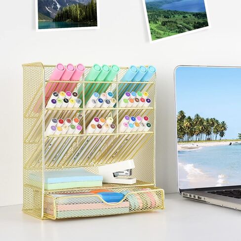 Spacrea Pen Holder Desk Organizer - Desk Organizers and Accessories, Pencil Holder with 10 Compartments and 1 Drawer（White） in Saudi Arabia