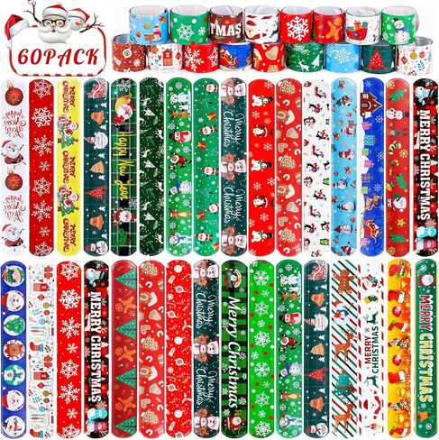 LUYI 60 PCS Christmas Slap Bracelets, Christmas Party Favors Toys for Kids Xmas Slap Wristbands Snap Bracelets Bulk for Christmas Stocking Stuffers Decoration Gifts Bag Filler in Saudi Arabia