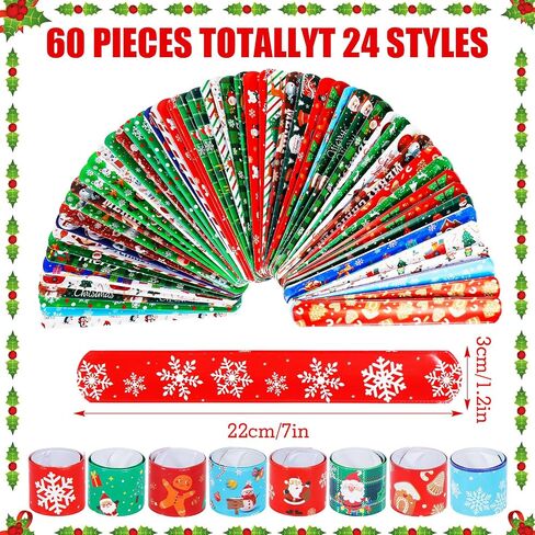 LUYI 60 PCS Christmas Slap Bracelets, Christmas Party Favors Toys for Kids Xmas Slap Wristbands Snap Bracelets Bulk for Christmas Stocking Stuffers Decoration Gifts Bag Filler in Saudi Arabia