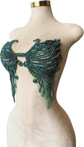 Trimimg Patches Pure Handmade with Glass Rhinestones Beads sew on Applique for Dress Chest Decorative Accessories 17X13inches (Deepgreen) in Saudi Arabia