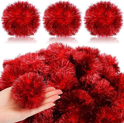 Kasyat 60 Pack 2 Inch Jumbo Glitter Tinsel Pom Poms Extra Large Sparkle Fuzzy Balls Shiny Tinsel Cat Ball Toys for DIY Craft Decorations Cat Toys (Red) in Saudi Arabia
