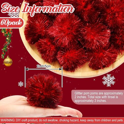 Kasyat 60 Pack 2 Inch Jumbo Glitter Tinsel Pom Poms Extra Large Sparkle Fuzzy Balls Shiny Tinsel Cat Ball Toys for DIY Craft Decorations Cat Toys (Red) in Saudi Arabia