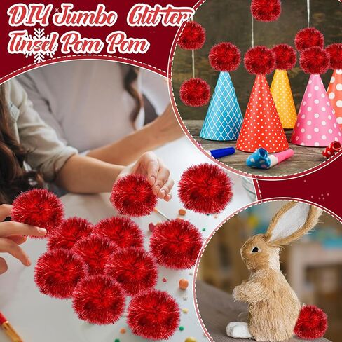 Kasyat 60 Pack 2 Inch Jumbo Glitter Tinsel Pom Poms Extra Large Sparkle Fuzzy Balls Shiny Tinsel Cat Ball Toys for DIY Craft Decorations Cat Toys (Red) in Saudi Arabia
