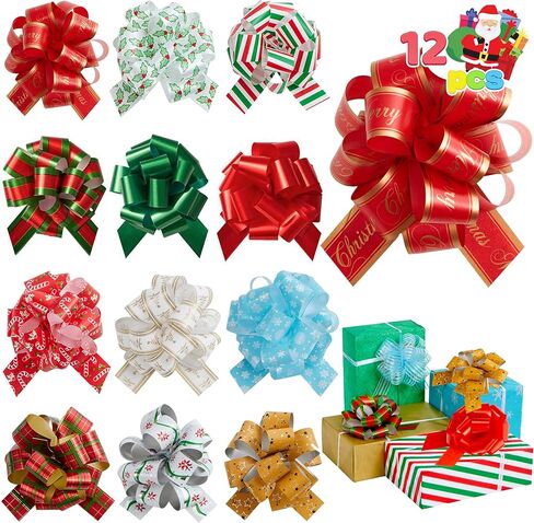 JOYIN 12 PCS Large Christmas Pull Bows with Ribbon 5" Wide for Gift Wrapping and Tags, Christmas Tree, Wine Bottles, Boxing Day Decorations, Holiday Décor Present Wrapping in Saudi Arabia