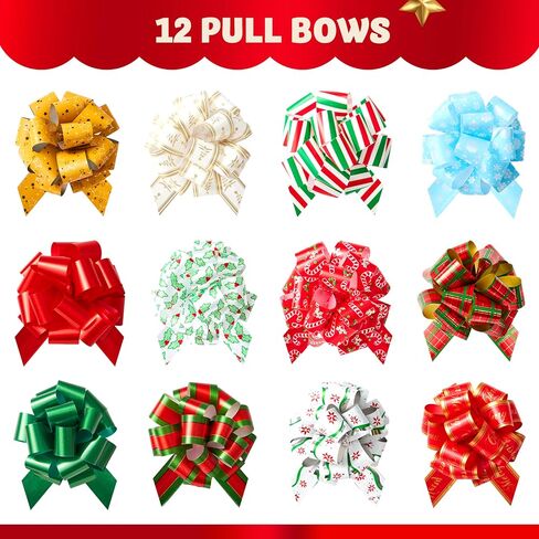 JOYIN 12 PCS Large Christmas Pull Bows with Ribbon 5" Wide for Gift Wrapping and Tags, Christmas Tree, Wine Bottles, Boxing Day Decorations, Holiday Décor Present Wrapping in Saudi Arabia