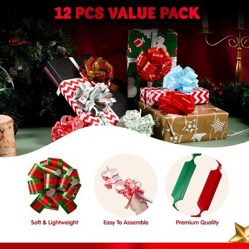 JOYIN 12 PCS Large Christmas Pull Bows with Ribbon 5" Wide for Gift Wrapping and Tags, Christmas Tree, Wine Bottles, Boxing Day Decorations, Holiday Décor Present Wrapping in Saudi Arabia
