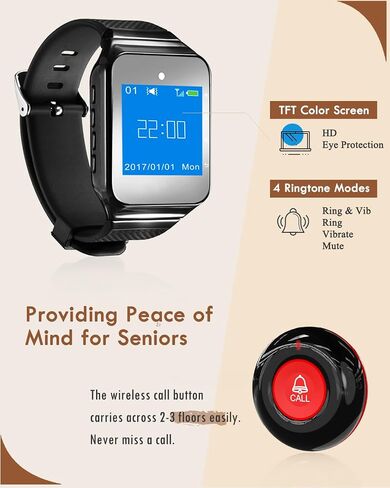 CallToU Wireless Caregiver Pager Call Button 500+Feet Nurse Alert System for Elderly Monitoring Waterproof Call Bell for Home 1 Receiver Wrist Pager 2 SOS Call Buttons in Kuwait