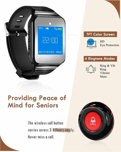 CallToU Wireless Caregiver Pager Call Button 500+Feet Nurse Alert System for Elderly Monitoring Waterproof Call Bell for Home 1 Receiver Wrist Pager 2 SOS Call Buttons in Kuwait