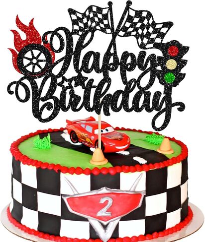 Gyufise 1Pc Race Car Happy Birthday Cake Topper Glitter Race Car Cake Decorations for Racing Car Checkered Flag Glitter Race Car Cake Topper Birthday Theme Party Supplies Black in Saudi Arabia