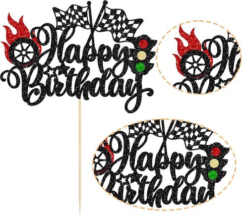 Gyufise 1Pc Race Car Happy Birthday Cake Topper Glitter Race Car Cake Decorations for Racing Car Checkered Flag Glitter Race Car Cake Topper Birthday Theme Party Supplies Black in Saudi Arabia